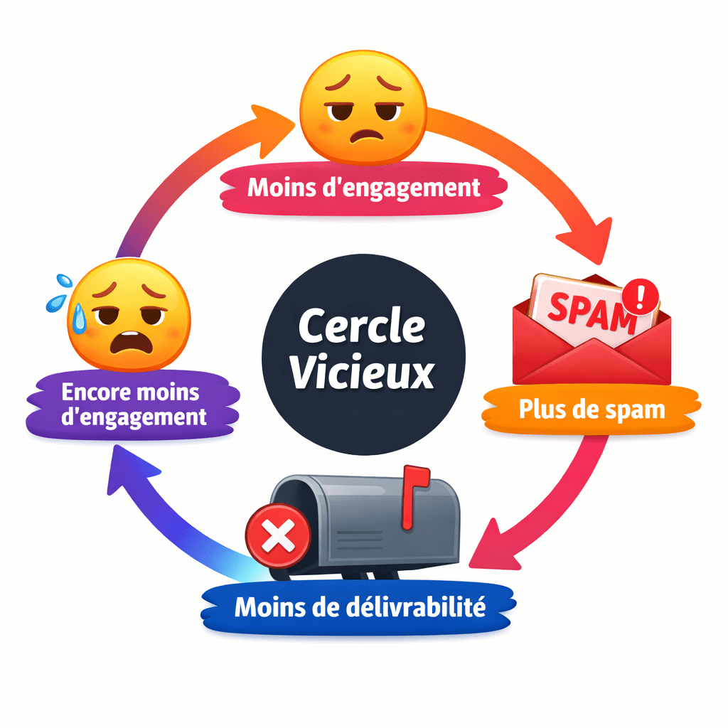 Schéma du cercle vicieux de la délivrabilité CRM : baisse d’engagement, augmentation du spam, perte d’inbox et chute des performances email