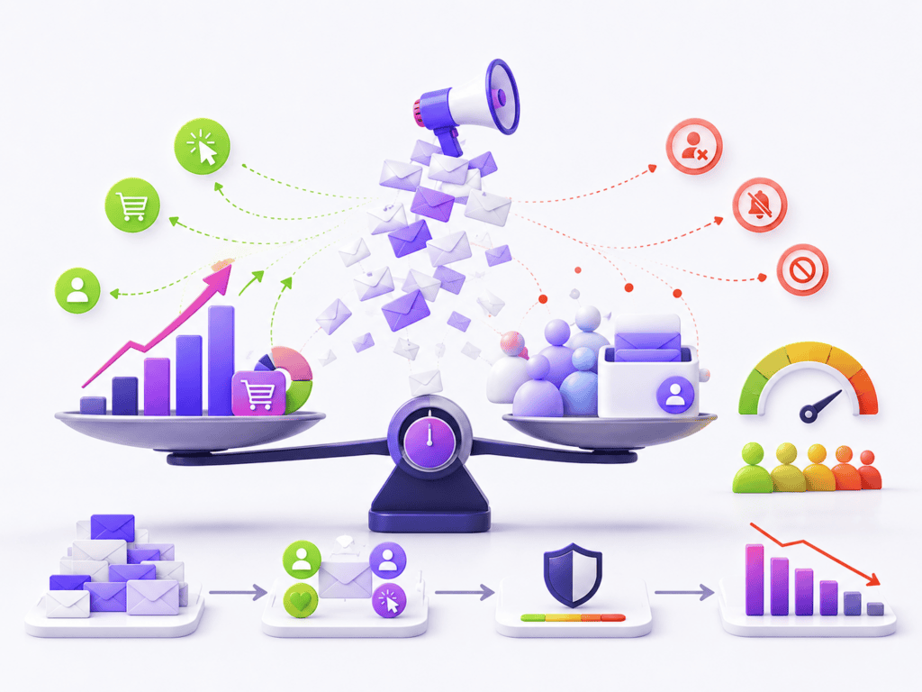 Illustration de l’équilibre entre performance immédiate, pression marketing, engagement client et santé du CRM.