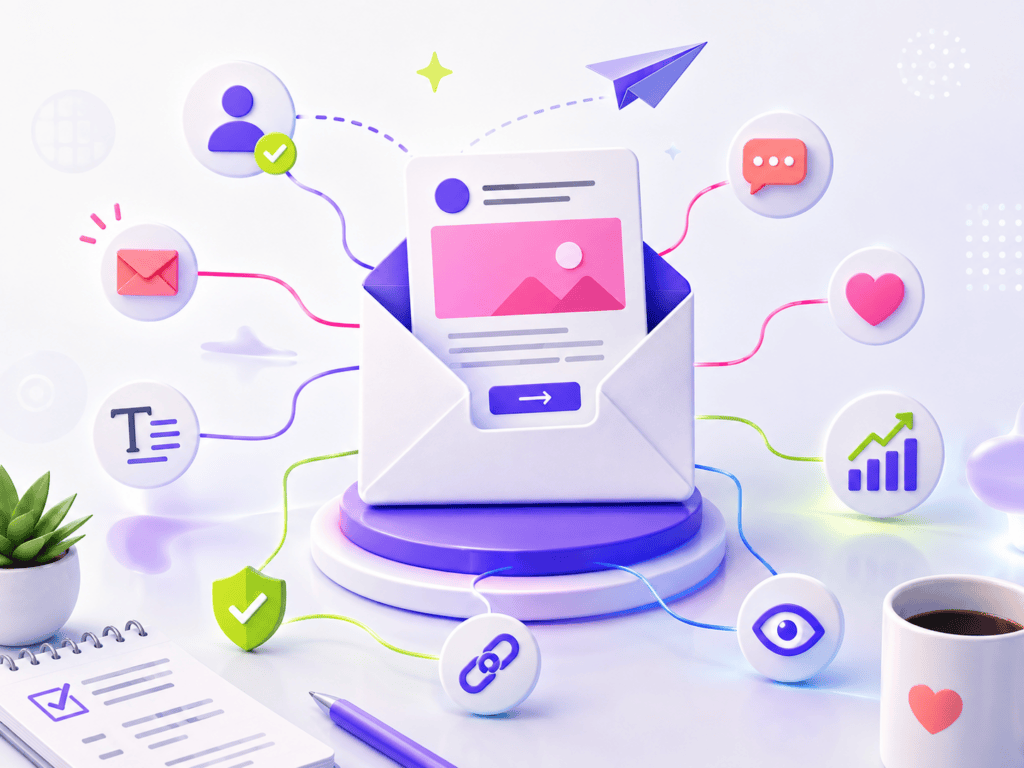 Illustration des fondamentaux d’une newsletter efficace : expéditeur, contenu, engagement, liens, délivrabilité et performance