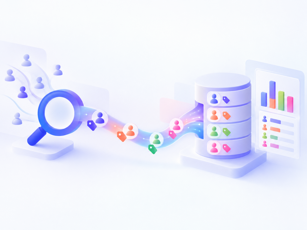 Illustration du parcours des contacts depuis leur source d’acquisition jusqu’au CRM, avec traçage de l’origine et analyse de la performance par source.